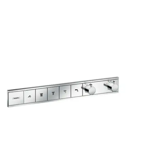 Thermostat von Hansgrohe mit mehreren Bedienungselementen für verschiedene Verbraucher, in kühlem Chrom-Finish. Übersichtliche Symbole zur Funktionserklärung.
